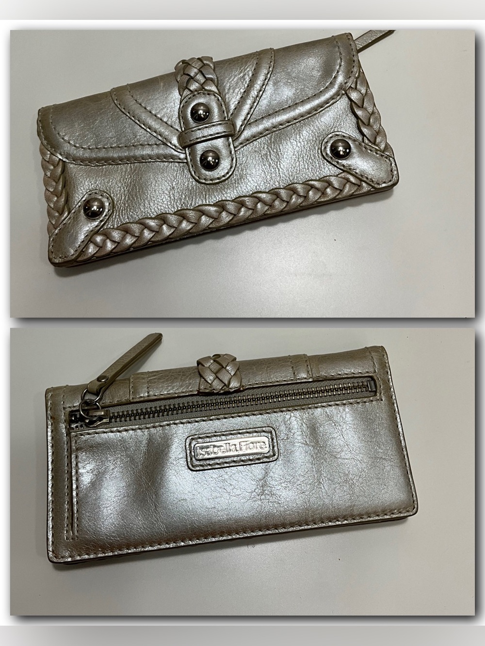 ISABELLA FIORE Metallic Silver Braided Leather Wallet Clutch Studded Y2K